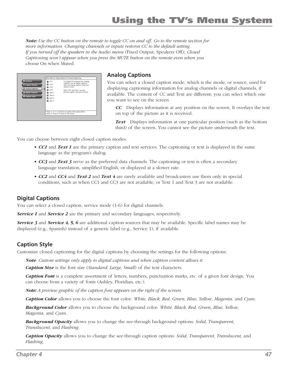 Using the tv’s menu system, Chapter, Analog captions | Digital captions, Caption style | RCA M50WH186 User Manual | Page 49 / 64