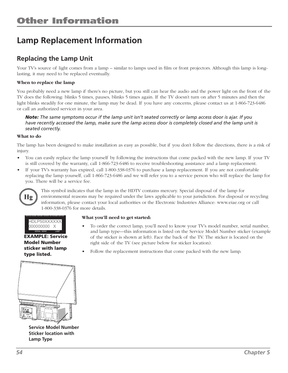 Other information, Lamp replacement information, Replacing the lamp unit | RCA M50WH186 User Manual | Page 56 / 64