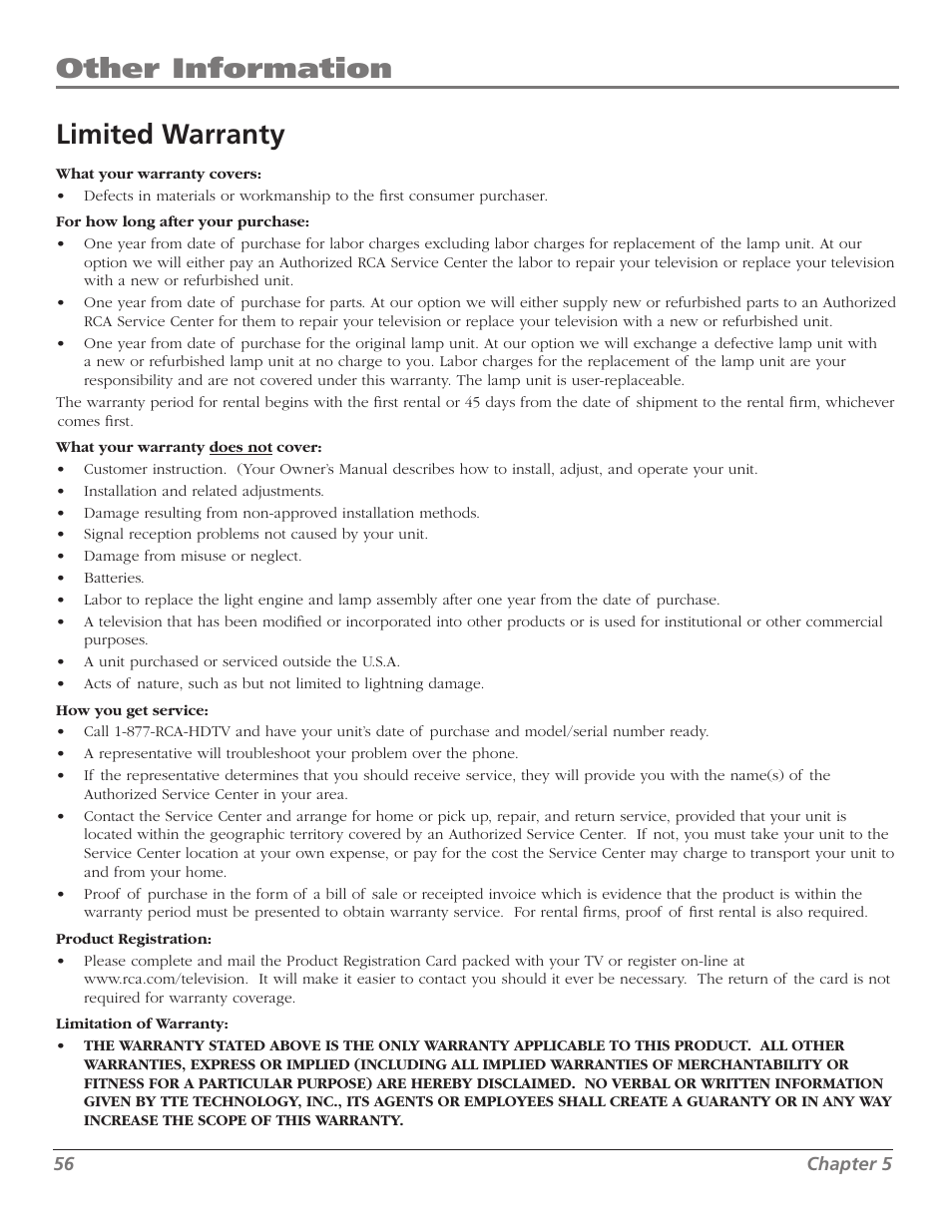 Other information, Limited warranty | RCA M50WH186 User Manual | Page 58 / 64