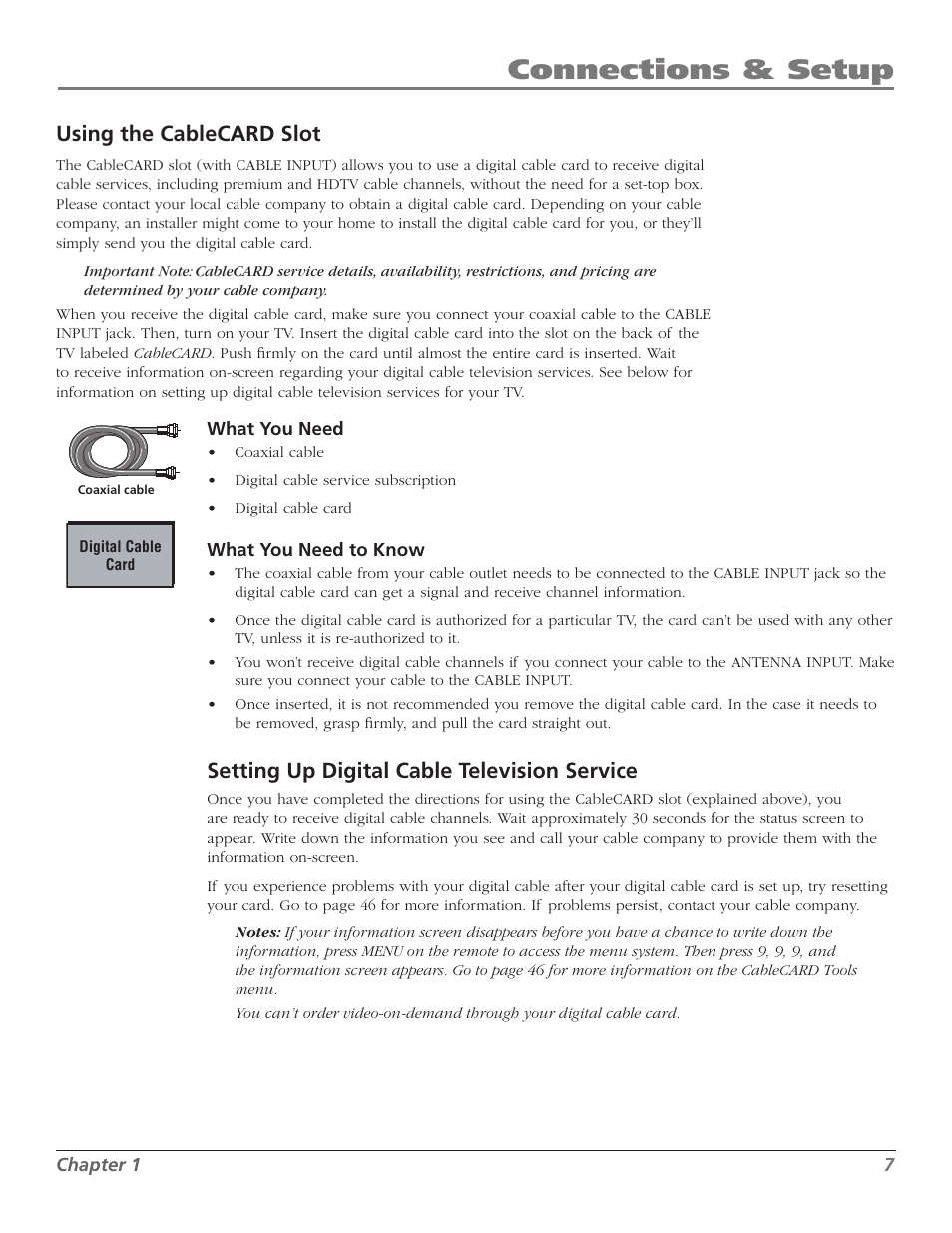 Connections & setup, Using the cablecard slot, Setting up digital cable television service | RCA M50WH186 User Manual | Page 9 / 64