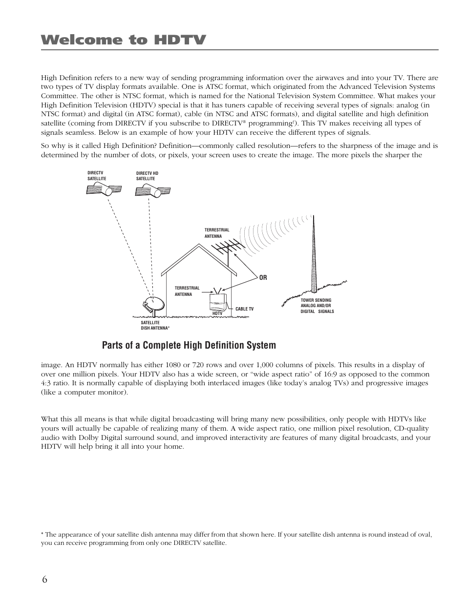 Analog signals, Atsc format, Digital signals | Ntsc format, Pixels, Ratio (16:9 and 4:3), Receiving different types of channels, Terrestrial antennas, Tuners, Welcome to hdtv | RCA Scenium HD65W20 User Manual | Page 10 / 100