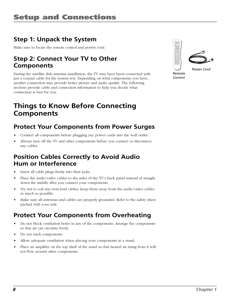 Step 1: unpack the system, Step 2: connect your tv to other components, To the back panel | Overheated components, Positioning cables, Setup and connections, Things to know before connecting components, Protect your components from power surges, Protect your components from overheating, 8chapter 1 | RCA Scenium HD65W20 User Manual | Page 12 / 100