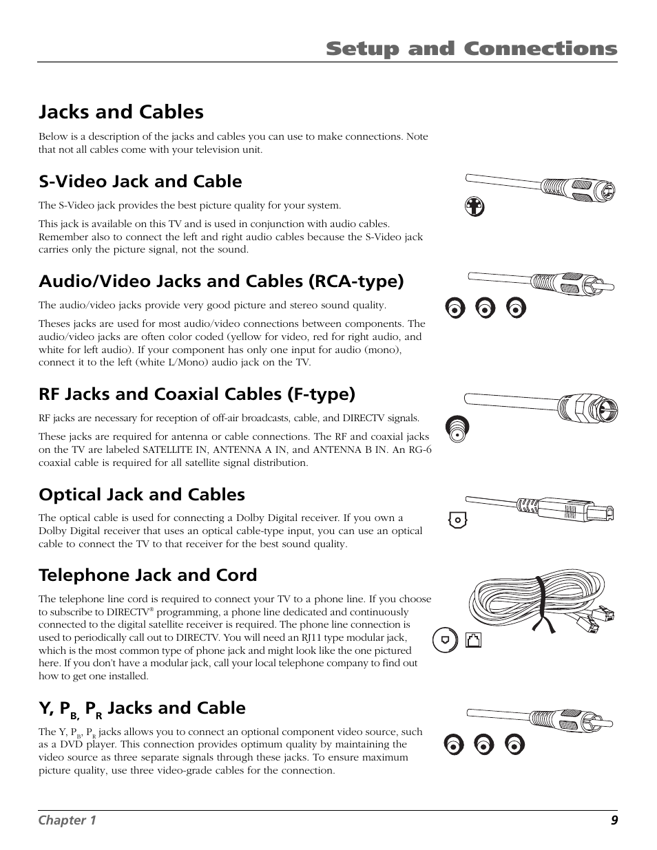 Jacks and cables, Audio/video jacks, cable, Jacks | Receiver, And cables, Jack, Line, Rca-type cables, Cables, S-video jack | RCA Scenium HD65W20 User Manual | Page 13 / 100
