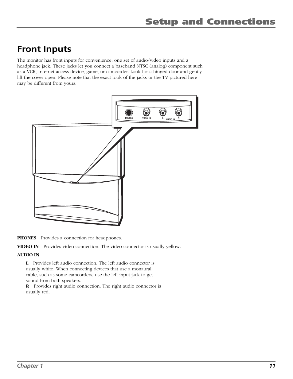 Audio jacks, Front inputs, Headphone jack | Headphones, Jack, Back of the tv, Setup and connections, Chapter 1 11 | RCA Scenium HD65W20 User Manual | Page 15 / 100