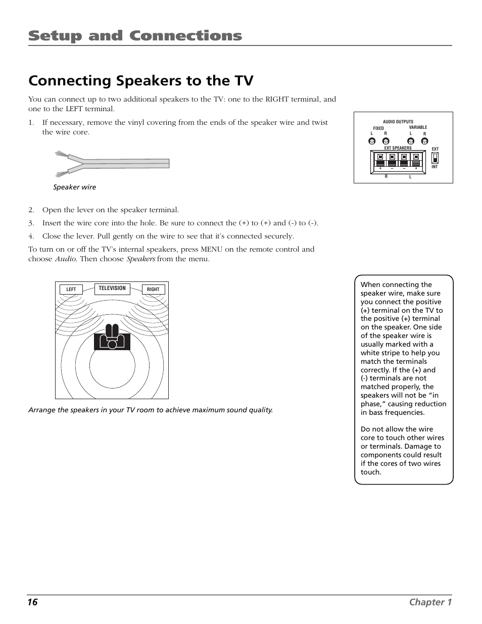 Connecting speakers to the tv, Connecting, Setup | Setup and connections, 16 chapter 1 | RCA Scenium HD65W20 User Manual | Page 20 / 100