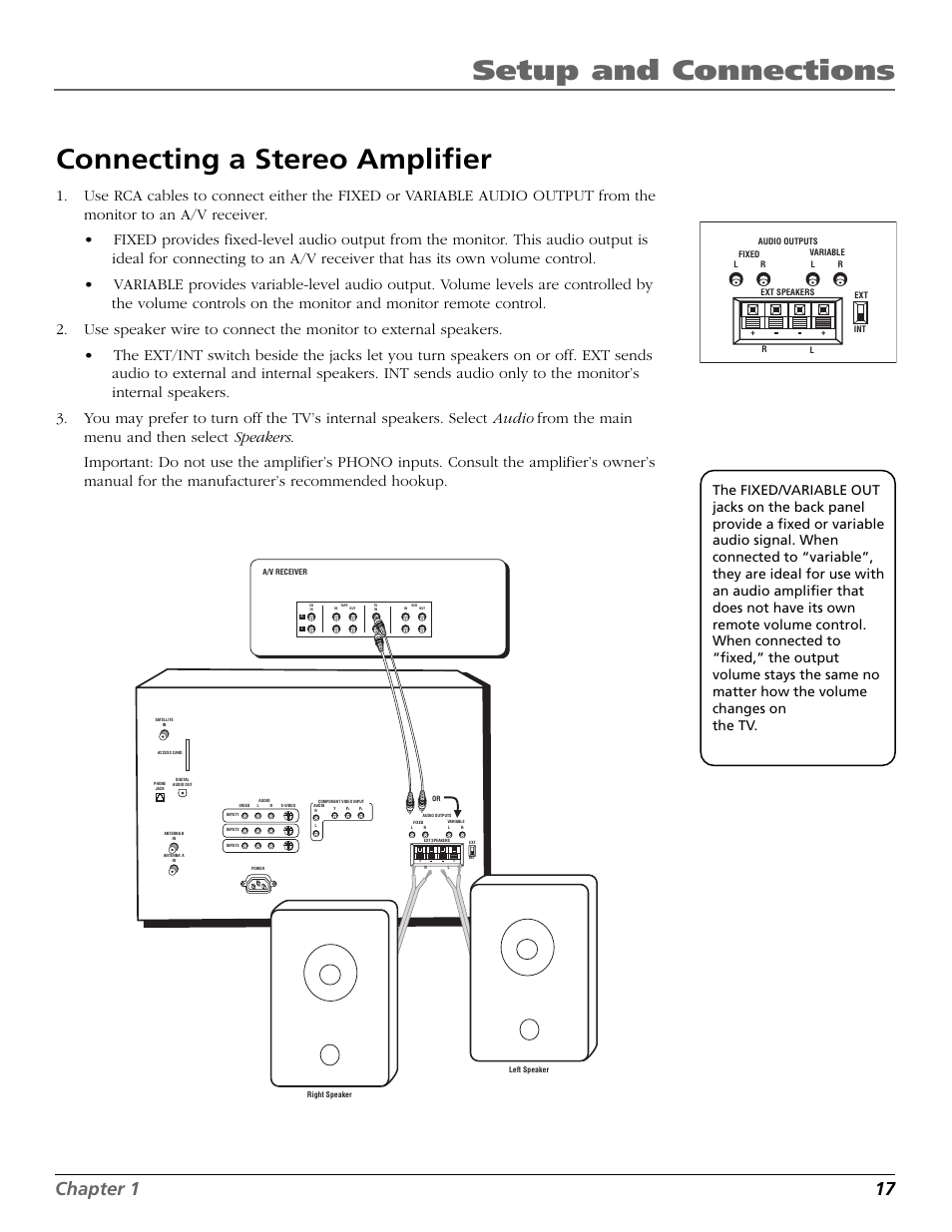 Connecting a stereo amplifier, Connecting, Fixed output | Variable output, Setup and connections, Chapter 1 17 | RCA Scenium HD65W20 User Manual | Page 21 / 100
