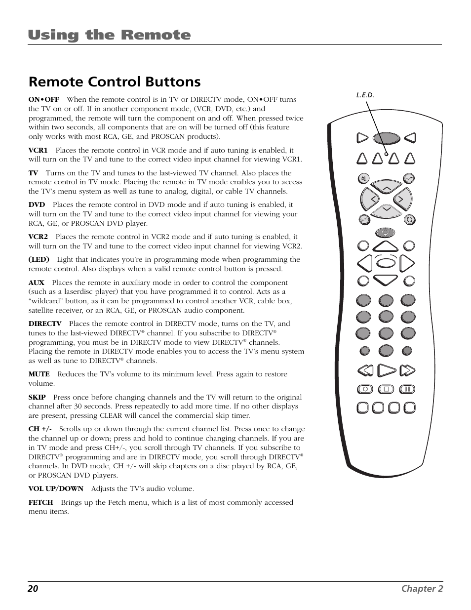 Remote control buttons, Aux button, Dvd button | Button, Led button on the remote, Mute, On•off button, Buttons, Skip button, Vcr1 button | RCA Scenium HD65W20 User Manual | Page 24 / 100