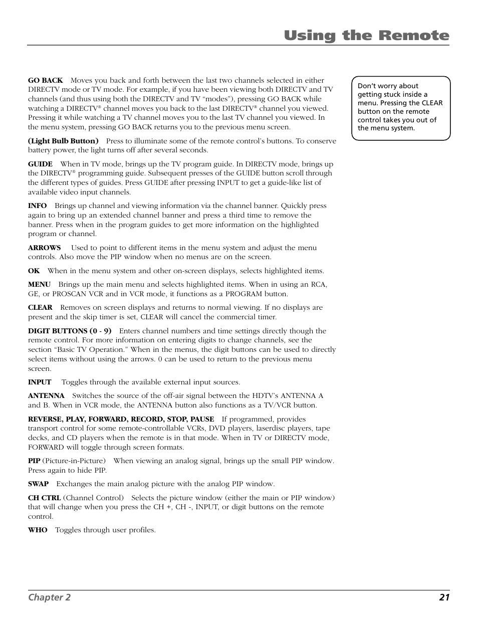 Button on the remote, Arrows on remote, Control button on the remote | Clear button, Go back button, Ok button, Button, Who button, Using the remote | RCA Scenium HD65W20 User Manual | Page 25 / 100