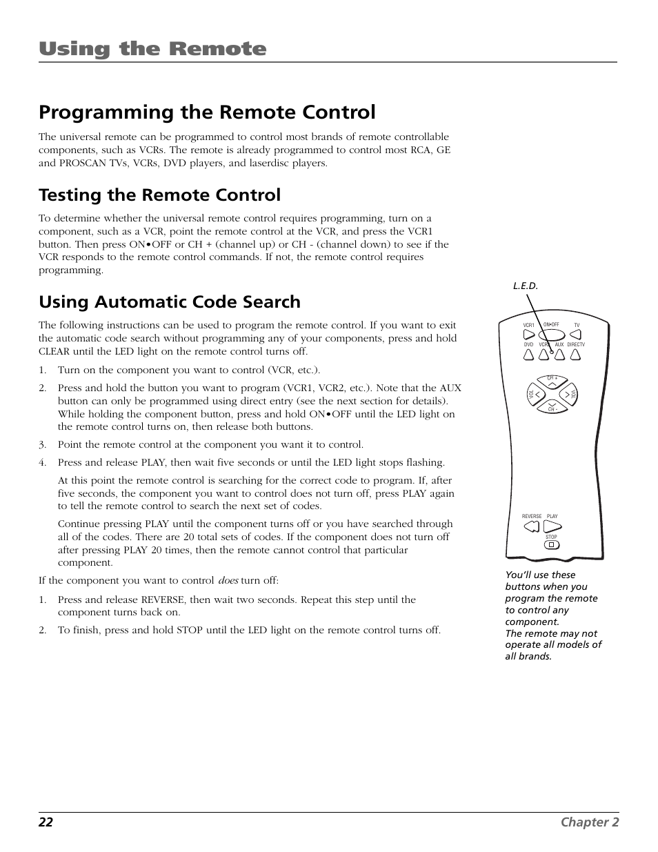 Programming the remote control, Programming the remote to control components, Programming | Using the remote, Testing the remote control, Using automatic code search, 22 chapter 2 | RCA Scenium HD65W20 User Manual | Page 26 / 100