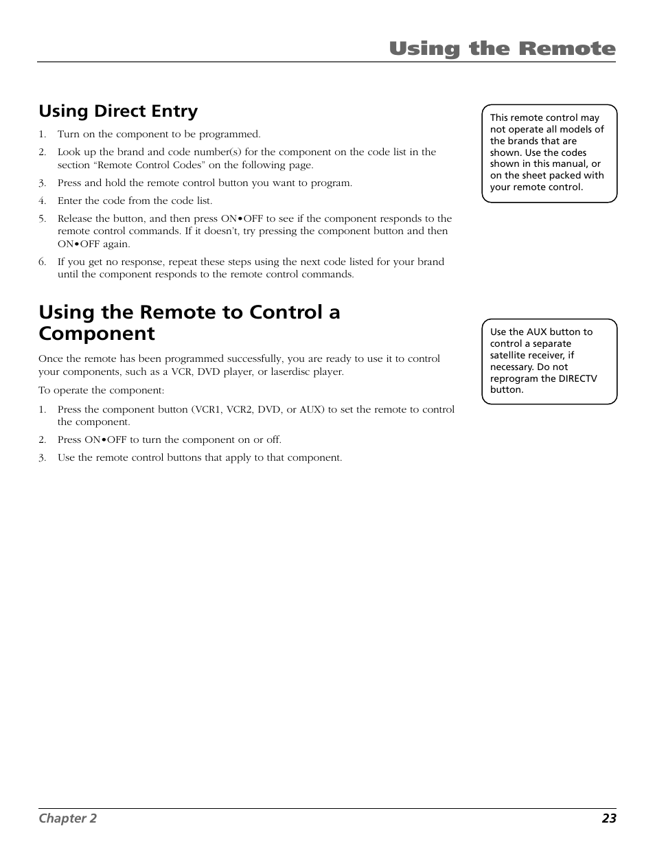 Using the remote to control a component, Using the remote, Using direct entry | RCA Scenium HD65W20 User Manual | Page 27 / 100