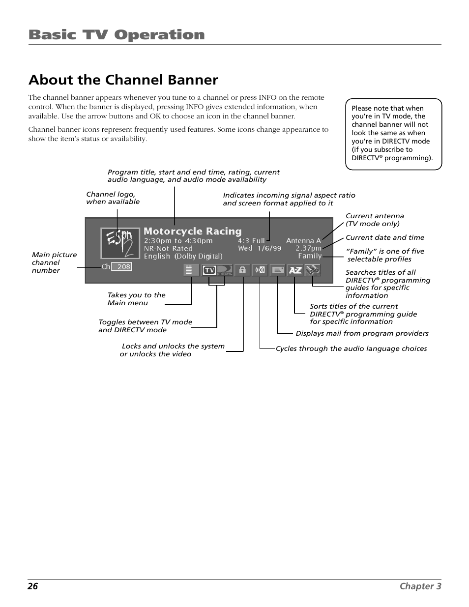 About the channel banner, Icons, Basic tv operation | RCA Scenium HD65W20 User Manual | Page 30 / 100