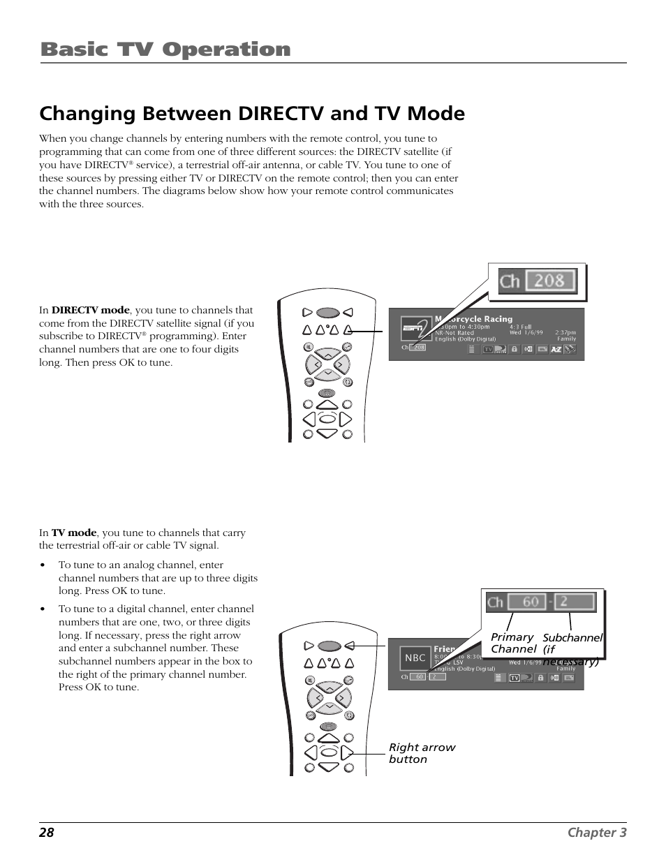 Changing between directv and tv mode, Analog terrestrial, Channels | Digital terrestrial, Of operation, Sat and tv, Satellite, Basic tv operation, 28 chapter 3 | RCA Scenium HD65W20 User Manual | Page 32 / 100