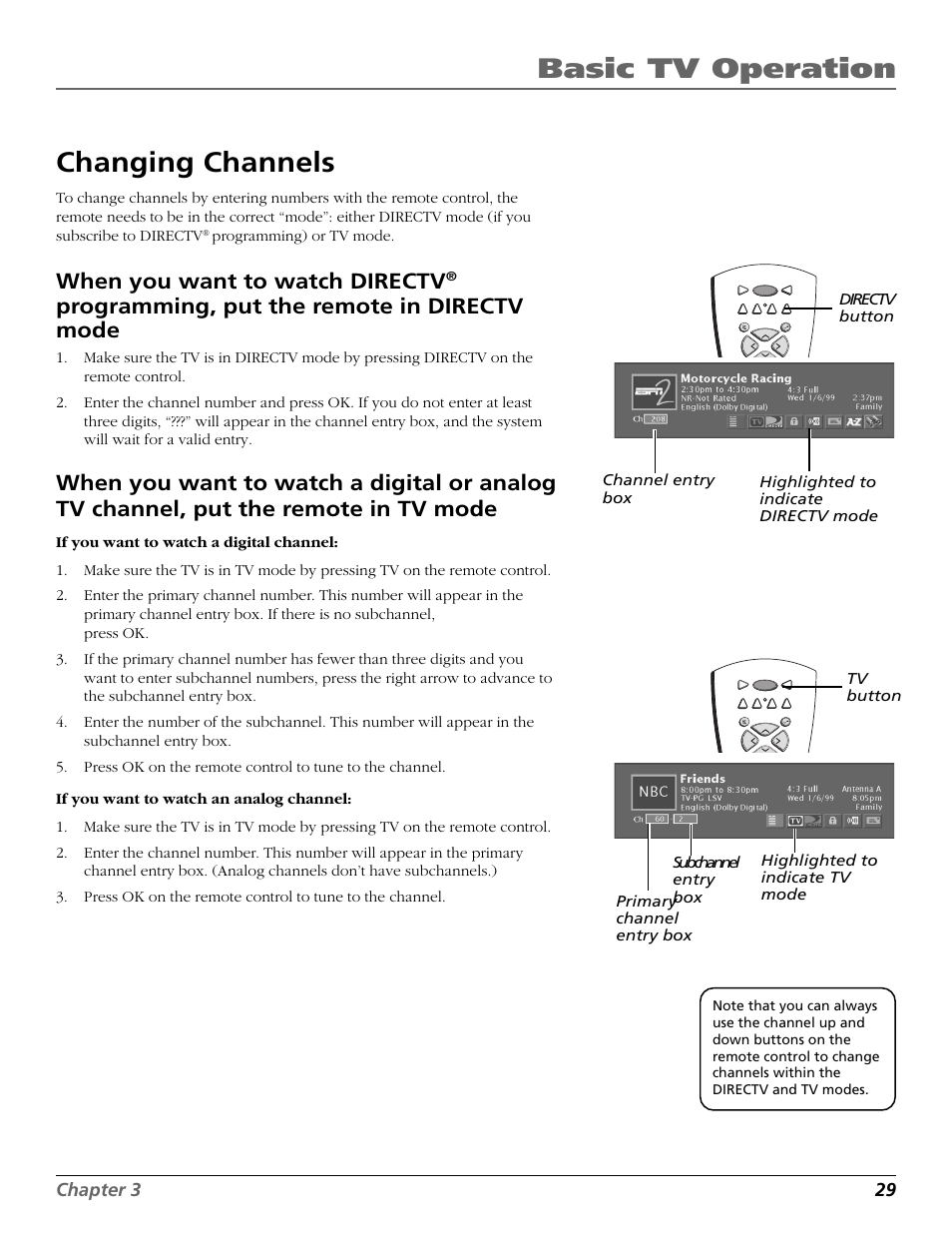 Changing channels, Mode, Basic tv operation | When you want to watch directv, Programming, put the remote in directv mode, Chapter 3 29, Programming) or tv mode, Highlighted to indicate tv mode | RCA Scenium HD65W20 User Manual | Page 33 / 100