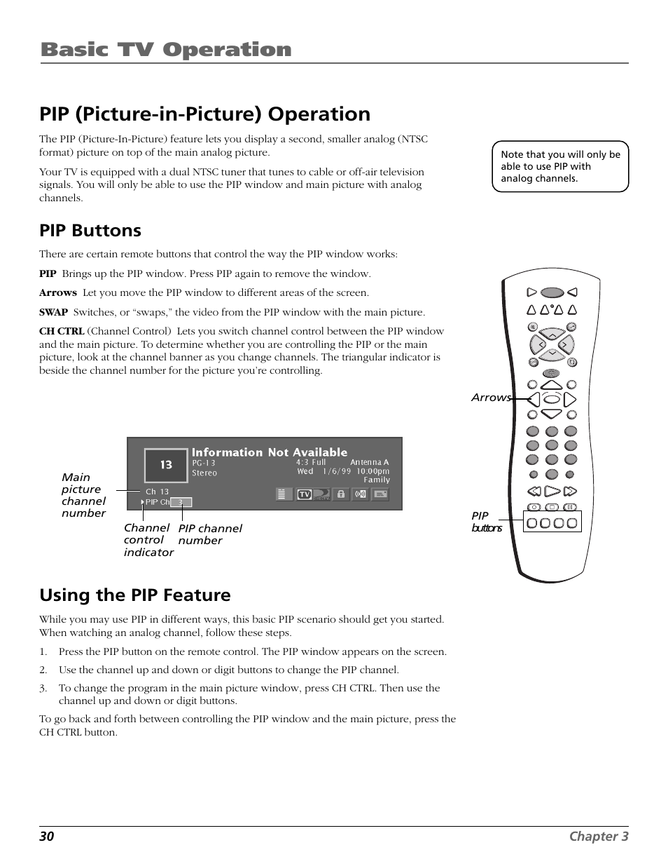 Pip (picture-in-picture) operation, Pip buttons, Using the pip feature | Buttons, Basic tv operation, 30 chapter 3 | RCA Scenium HD65W20 User Manual | Page 34 / 100