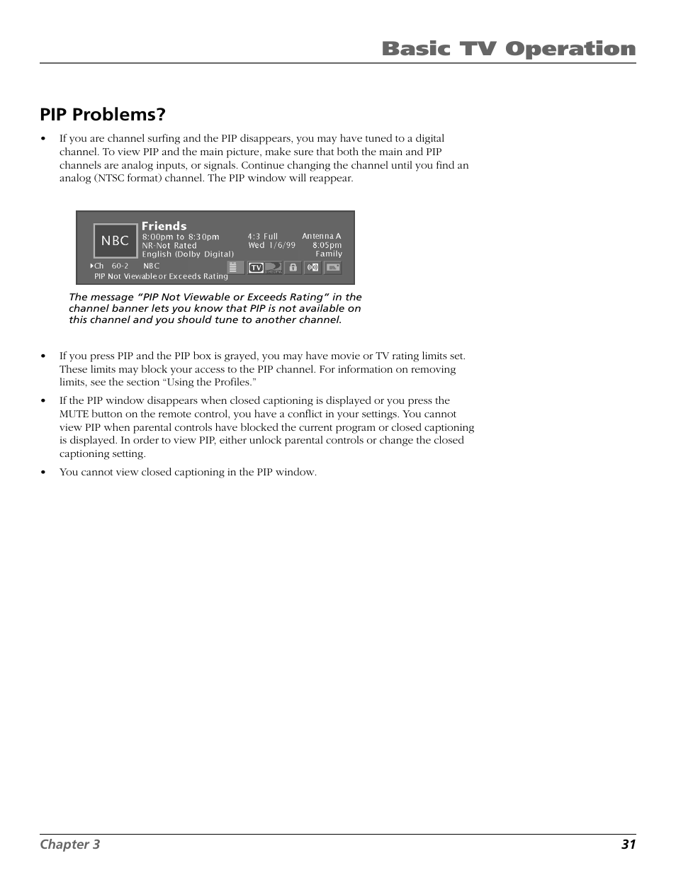 Pip problems, Problems, Basic tv operation | RCA Scenium HD65W20 User Manual | Page 35 / 100