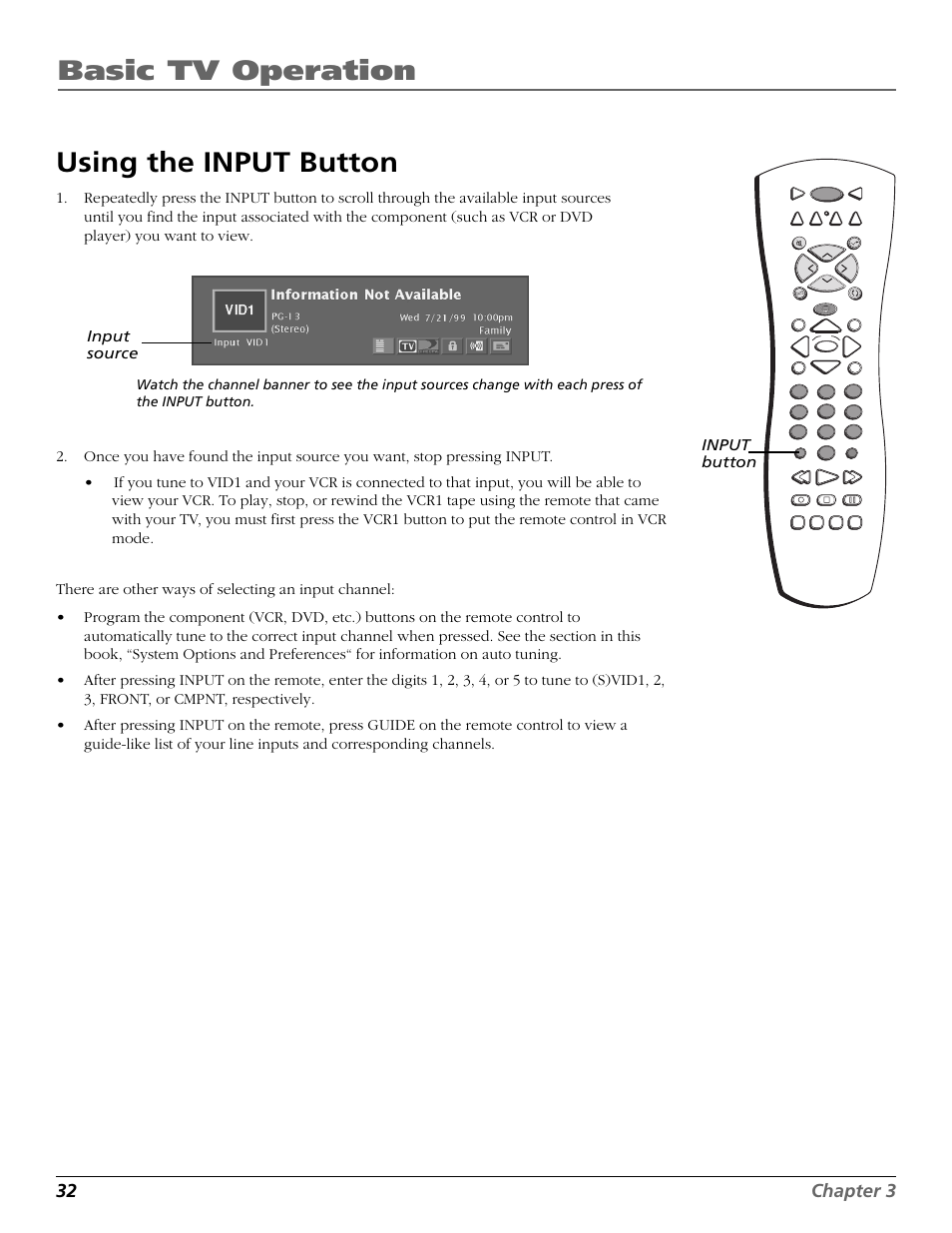 Using the input button, Basic tv operation, 32 chapter 3 | Input button | RCA Scenium HD65W20 User Manual | Page 36 / 100