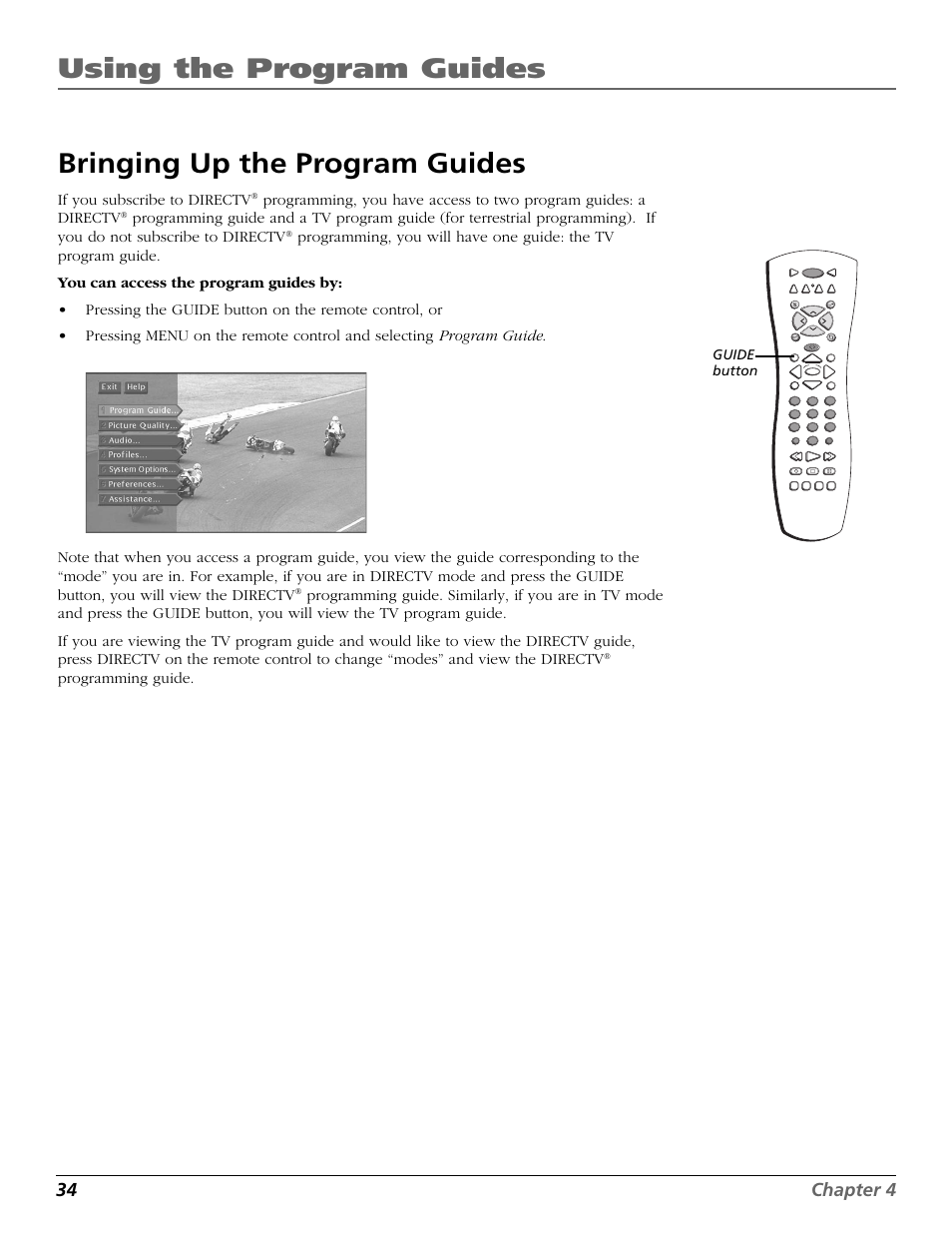 Bringing up the program guides, From the tv guide to the directv guide, Directv | Using the program guides, 34 chapter 4, If you subscribe to directv, Programming guide, Guide button | RCA Scenium HD65W20 User Manual | Page 38 / 100