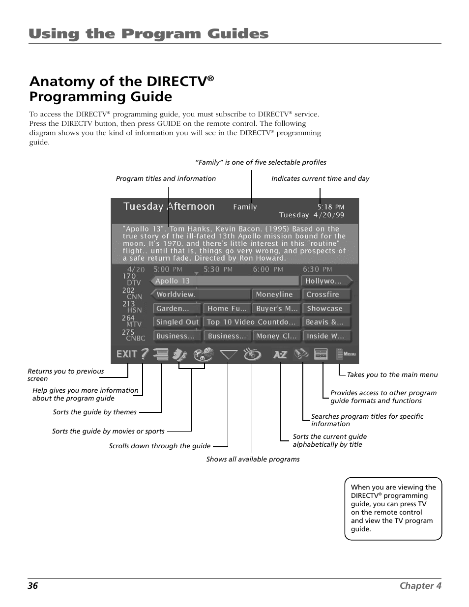 Anatomy of the directv® programming guide, A-z icon, Alphasort icon | Anatomy, By title, Using the program guides, Anatomy of the directv, Programming guide | RCA Scenium HD65W20 User Manual | Page 40 / 100