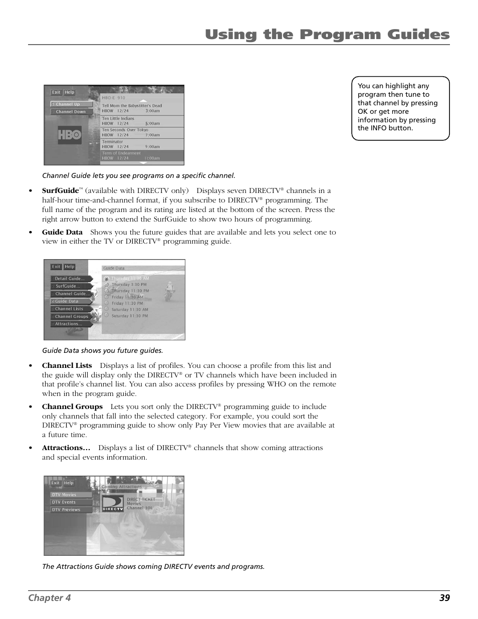 Groups, Lists, Using the program guides | Chapter 4 39 | RCA Scenium HD65W20 User Manual | Page 43 / 100