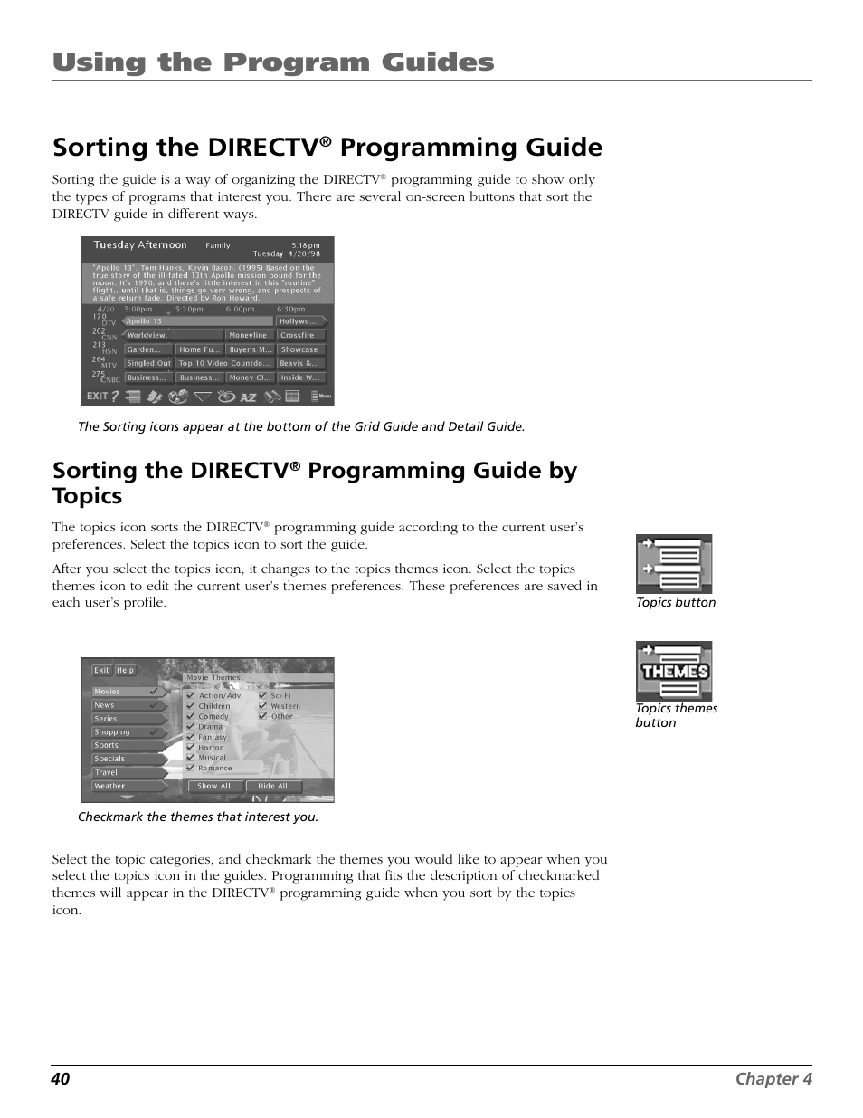 Sorting the directv® programming guide, By topics, Using topics icon | Using the program guides, Sorting the directv, Programming guide, Programming guide by topics | RCA Scenium HD65W20 User Manual | Page 44 / 100