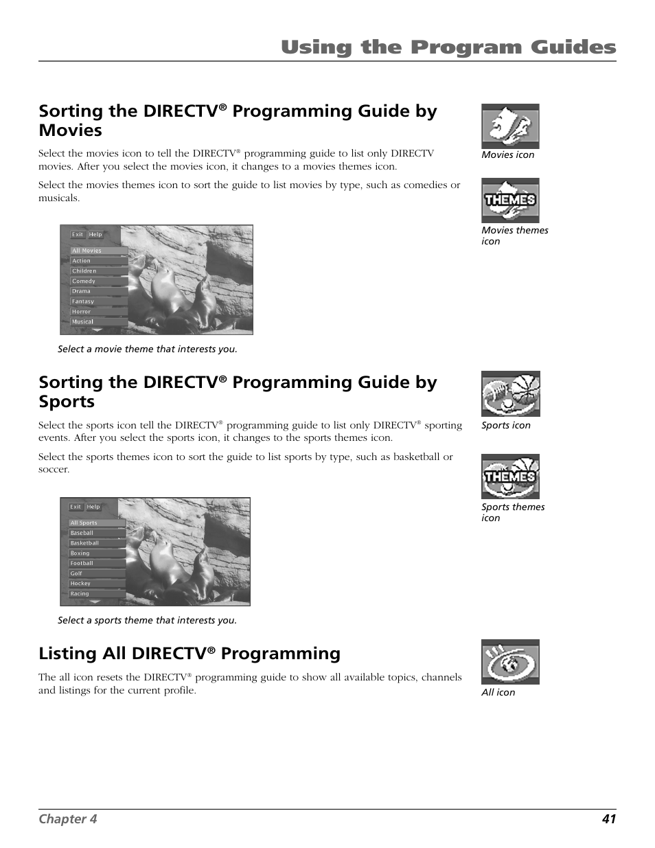 All icon, Listing all directv programs, Icon in the program guide | Themes icon, By movies, By sports, Using movies icon, Using sports icon, Icon, Using the program guides | RCA Scenium HD65W20 User Manual | Page 45 / 100