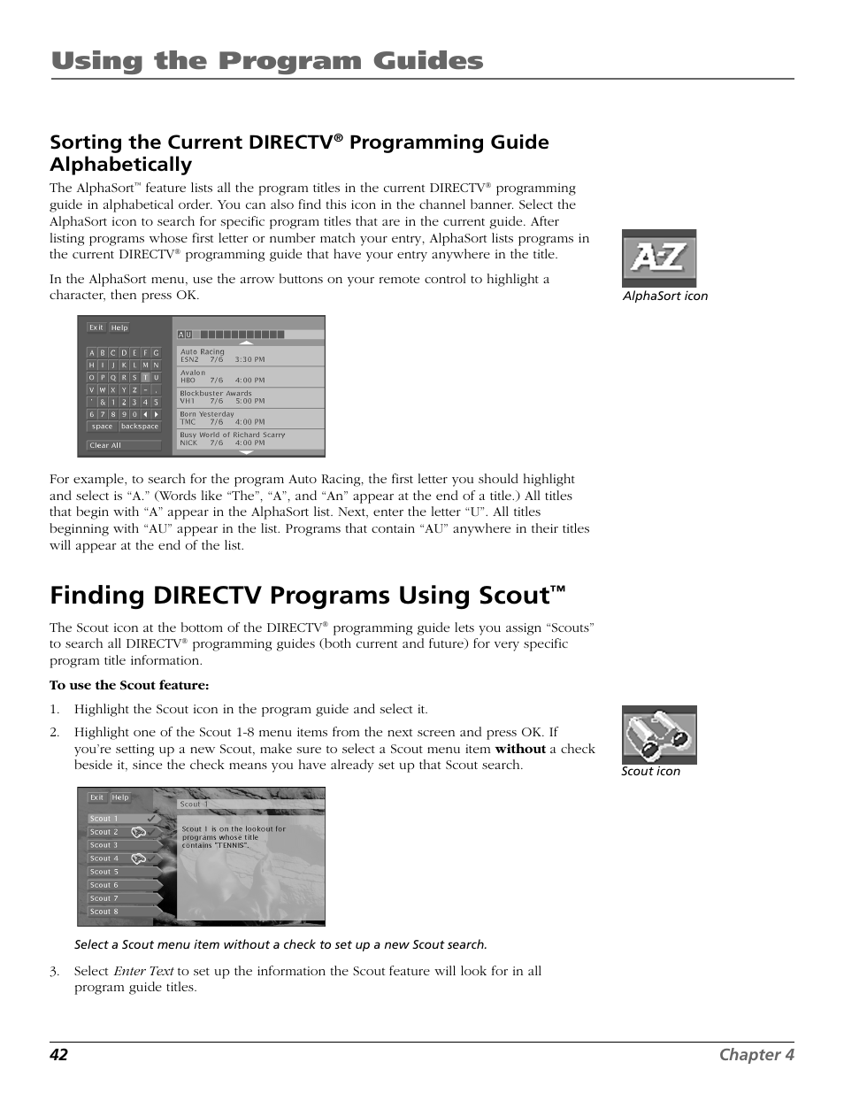 Alphasort, Icon, Scout button | Using the program guides, Finding directv programs using scout, Sorting the current directv, Programming guide alphabetically | RCA Scenium HD65W20 User Manual | Page 46 / 100