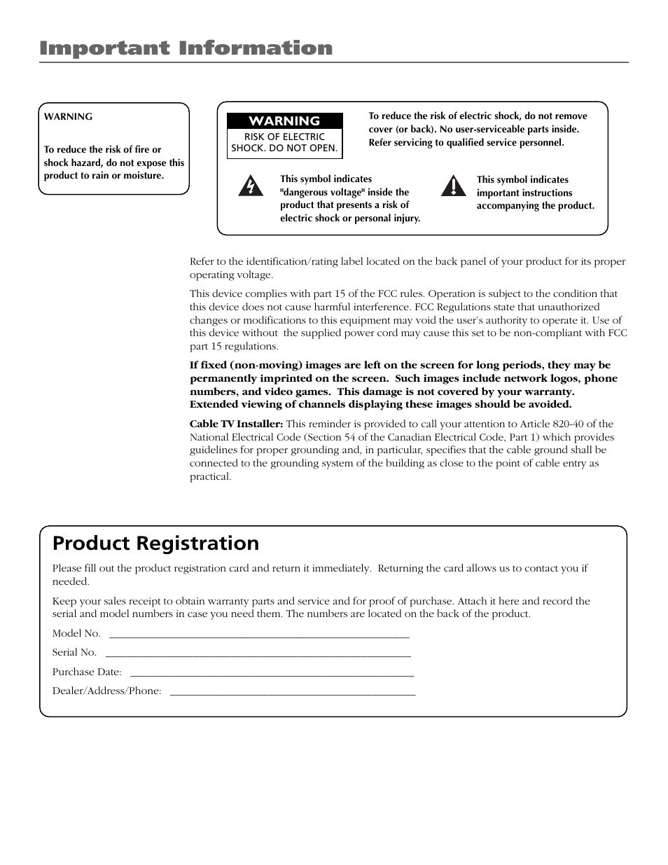 Important information, Product registration | RCA Scenium HD65W20 User Manual | Page 5 / 100