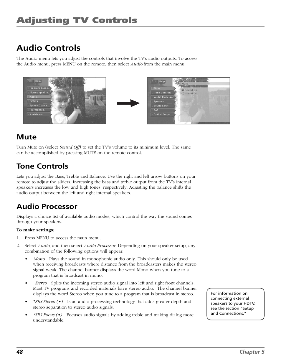 Audio controls, Mute, Tone controls | Audio processor, Processor, Quality controls, Mono sound, Srs stereo, Stereo sound, Adjusting tv controls | RCA Scenium HD65W20 User Manual | Page 52 / 100