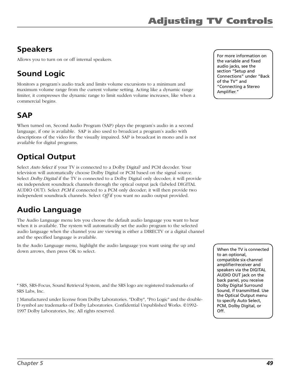 Speakers, Sound logic, Optical output | Audio language, Digital, Output menu, Decoder, Second audio program (sap), Logic, Adjusting tv controls | RCA Scenium HD65W20 User Manual | Page 53 / 100