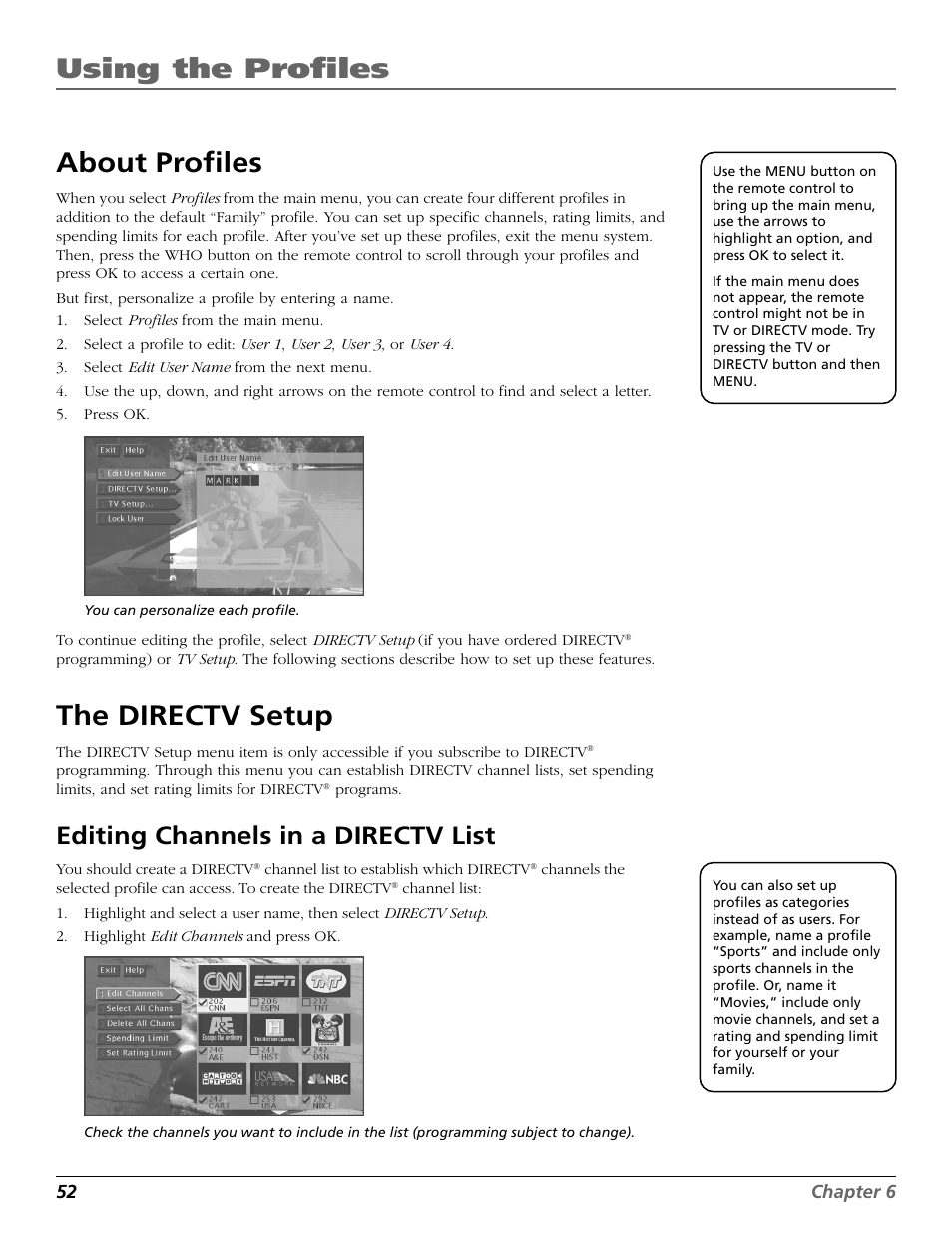 About profiles, The directv setup, Editing channels in a directv list | Channel list, Setup, Channels, Profiles, Naming profiles, Menu, Using the profiles | RCA Scenium HD65W20 User Manual | Page 56 / 100