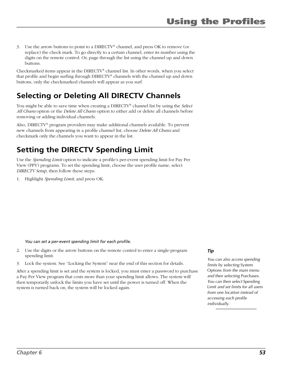 Selecting or deleting all directv channels, Setting the directv spending limit, Delete channels | Spending limit, Pay per view program, Using the profiles | RCA Scenium HD65W20 User Manual | Page 57 / 100