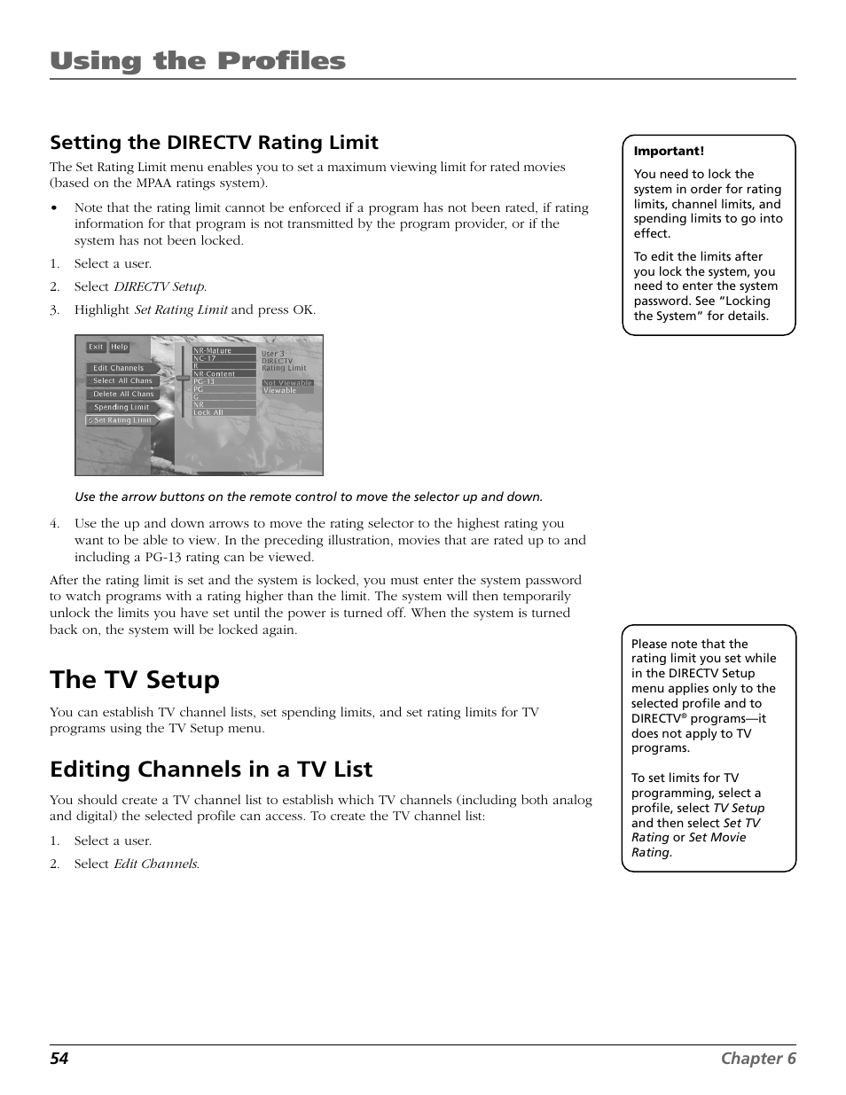 Setting the directv rating limit, Rating limit, Channel list | Setup, Using the profiles, The tv setup, Editing channels in a tv list | RCA Scenium HD65W20 User Manual | Page 58 / 100