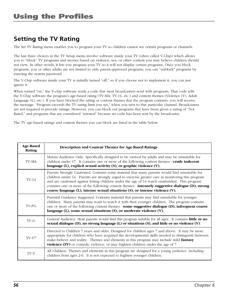 Setting the tv rating, Content themes, Programs | Rating limit, Programs and shows, Age-based ratings, Using the profiles | RCA Scenium HD65W20 User Manual | Page 60 / 100