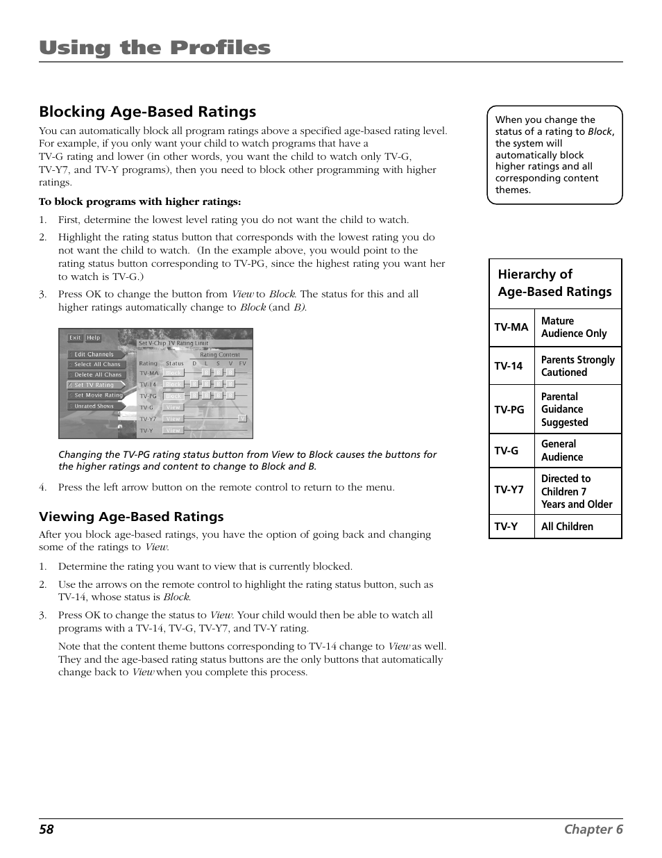 Blocking, Viewing, Age-based ratings | Using the profiles, Blocking age-based ratings | RCA Scenium HD65W20 User Manual | Page 62 / 100