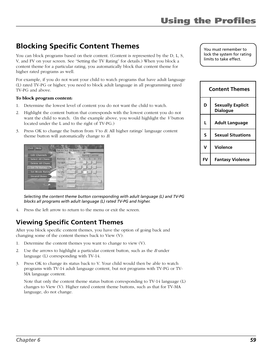 Content themes, Viewing, Using the profiles | Blocking specific content themes, Viewing specific content themes | RCA Scenium HD65W20 User Manual | Page 63 / 100