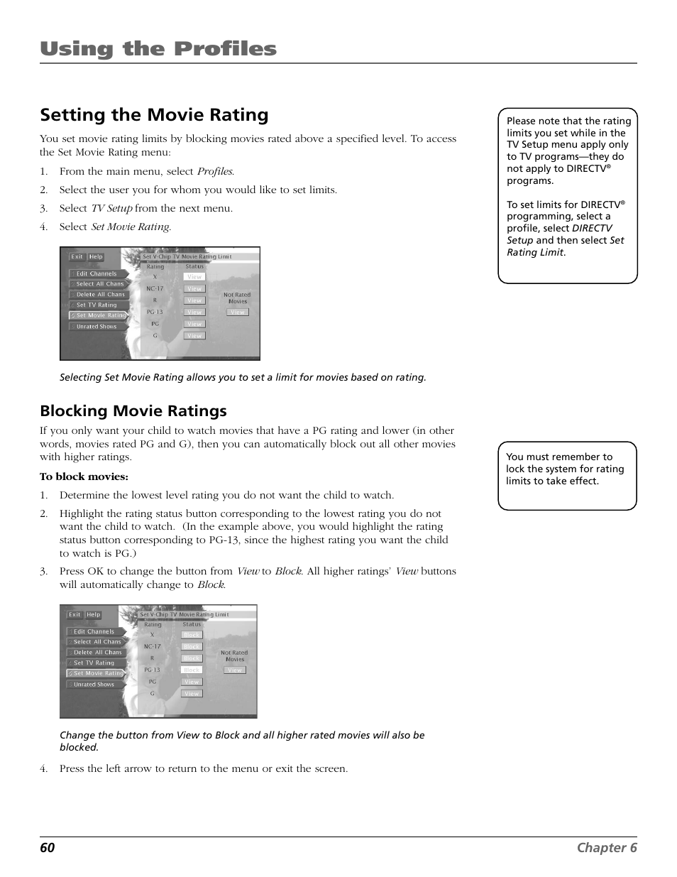 Ratings, Blocking, Movie ratings | Lock, Using the profiles, Setting the movie rating, Blocking movie ratings | RCA Scenium HD65W20 User Manual | Page 64 / 100