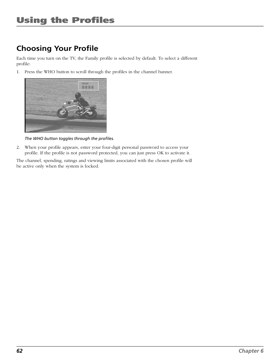 Choosing your profile, Choosing, Unlocking | Profiles, Using the profiles | RCA Scenium HD65W20 User Manual | Page 66 / 100