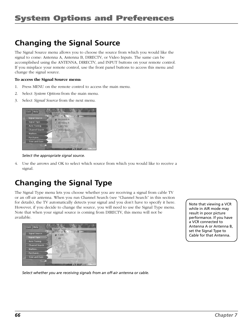 Changing the signal source, Changing the signal type, Changing | System options and preferences | RCA Scenium HD65W20 User Manual | Page 70 / 100