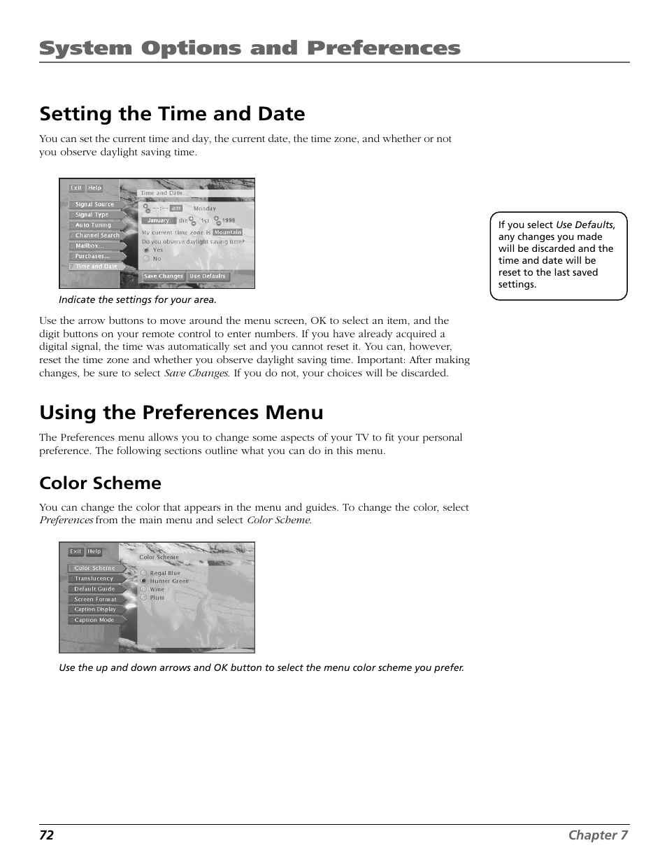 Setting the time and date, Using the preferences menu, Color scheme | Scheme, Date and time, Preferences menu, Time and date, System options and preferences | RCA Scenium HD65W20 User Manual | Page 76 / 100