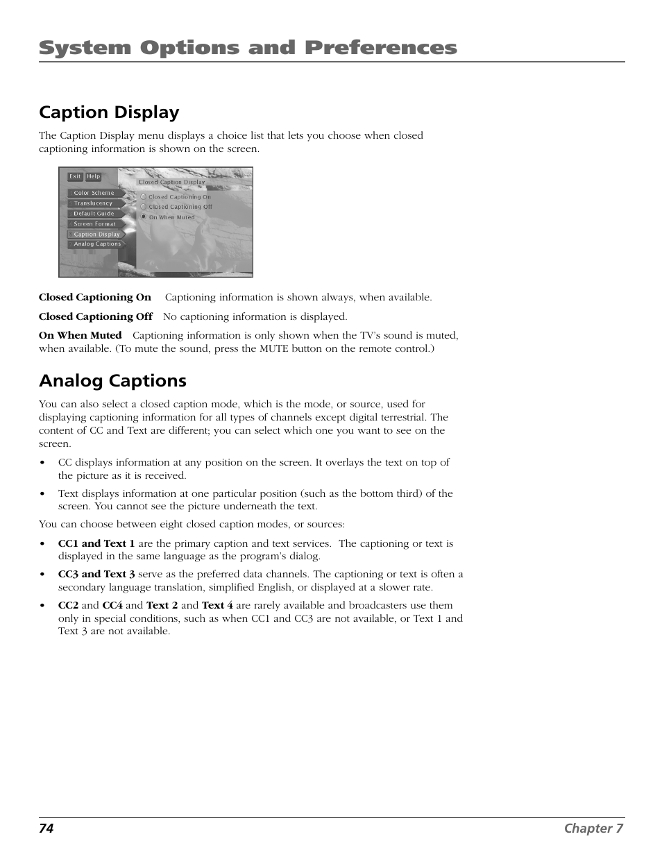 Caption display, Analog captions, Display | Mode, Closed captioning, Closed caption, System options and preferences | RCA Scenium HD65W20 User Manual | Page 78 / 100