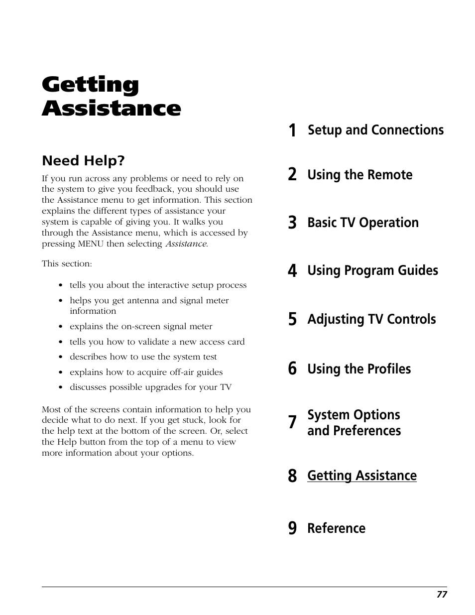 Getting assistance, Assistance menu | RCA Scenium HD65W20 User Manual | Page 81 / 100