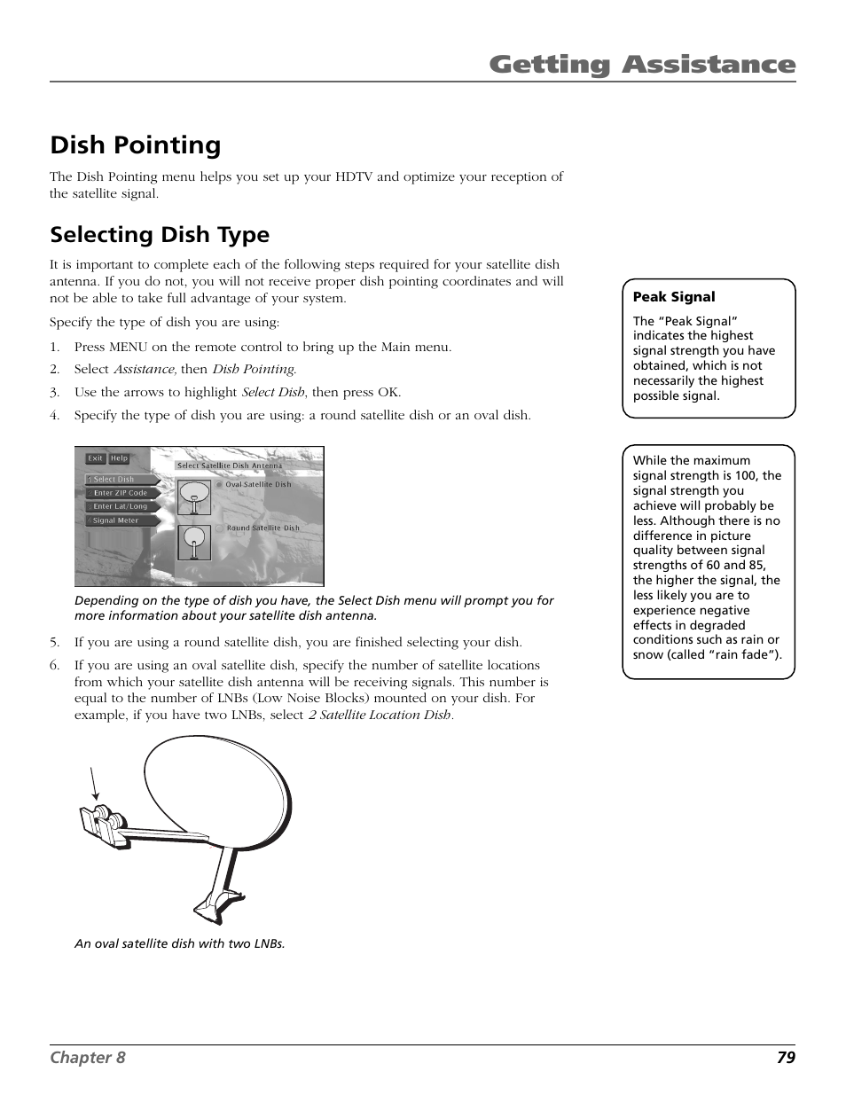 Dish pointing, Dish type, Lnb (low noise block) | Maximum signal strength, Rain fade, Satellite dish type, Peak signal, Getting assistance, Selecting dish type | RCA Scenium HD65W20 User Manual | Page 83 / 100