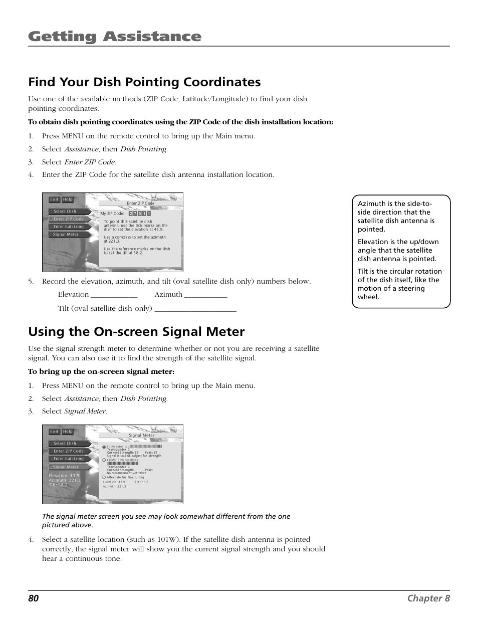 Azimuth, Coordinates, Elevation | Latitude and longitude, Signal meter, Tilt, Zip code, Getting assistance, Find your dish pointing coordinates, Using the on-screen signal meter | RCA Scenium HD65W20 User Manual | Page 84 / 100