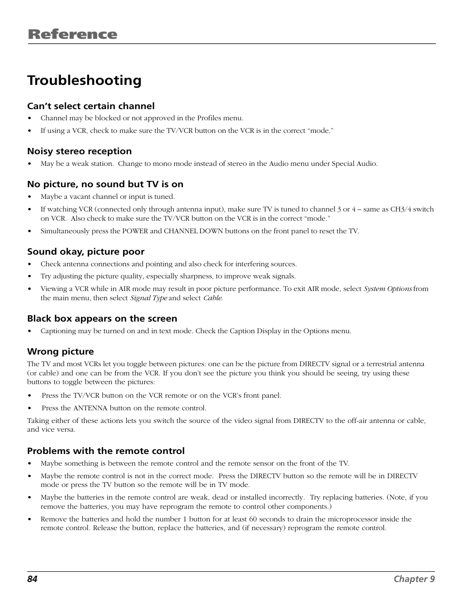 Troubleshooting, Remote control, Weak reception | Reference troubleshooting | RCA Scenium HD65W20 User Manual | Page 88 / 100