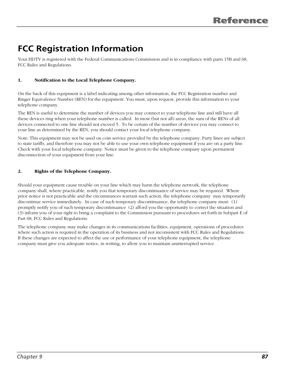 Fcc registration information, Fcc information, Reference fcc registration information | RCA Scenium HD65W20 User Manual | Page 91 / 100