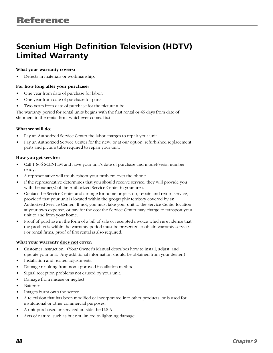 Warranty | RCA Scenium HD65W20 User Manual | Page 92 / 100