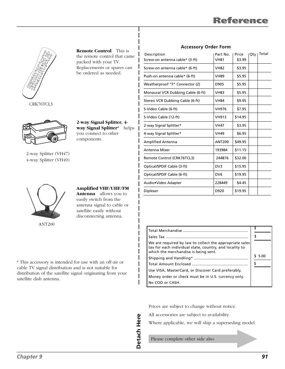 Reference, Chapter 9 91, Detach her e | Accessory order form crk76tcl3, Ant200 | RCA Scenium HD65W20 User Manual | Page 95 / 100