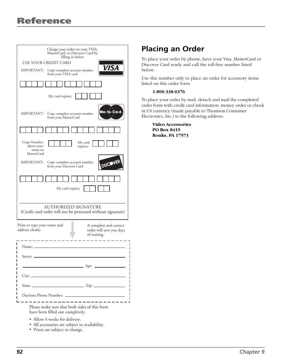 Placing an order, Reference, 92 chapter 9 | RCA Scenium HD65W20 User Manual | Page 96 / 100