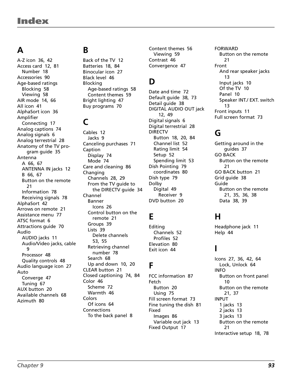 Index, Age-based ratings, Amplifier | Antenna, Audio, Auto, Blocking, Caption, Changing, Channel | RCA Scenium HD65W20 User Manual | Page 97 / 100