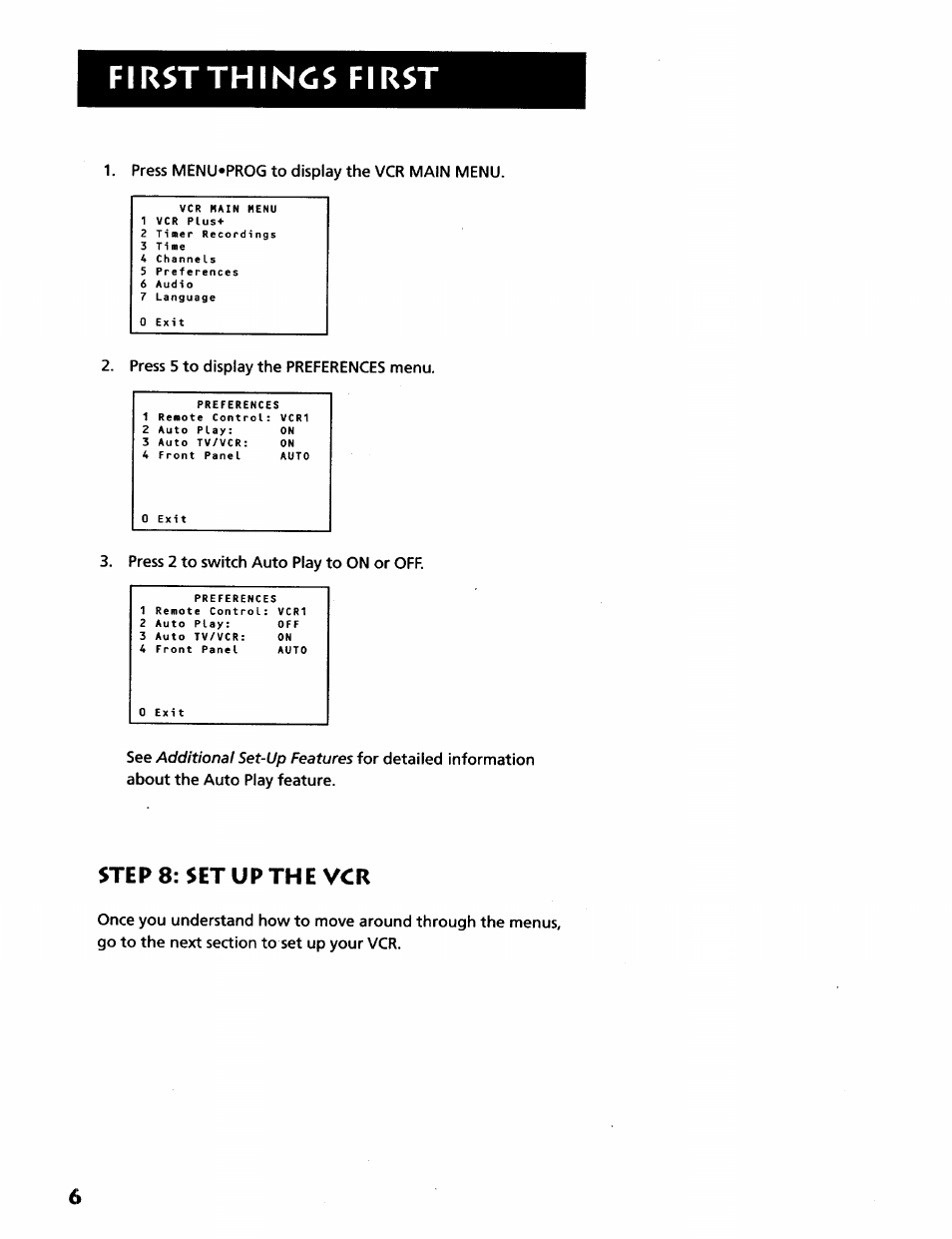 Firstthincs first, Steps: set up the vcr | RCA VR628HF User Manual | Page 10 / 74